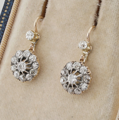 Victorian Gold 2.20 Ct Old Mine Diamond Daisy Drop Earrings, Circa 1890