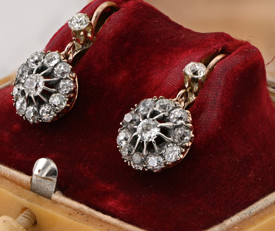 Victorian Gold 2.20 Ct Old Mine Diamond Daisy Drop Earrings, Circa 1890