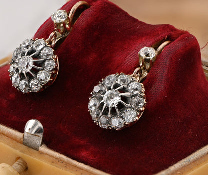 Victorian Gold 2.20 Ct Old Mine Diamond Daisy Drop Earrings, Circa 1890