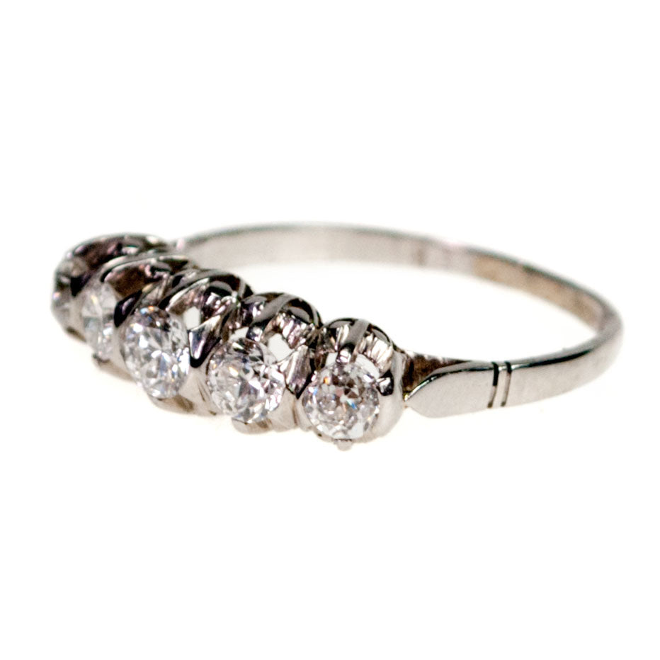 Antique Old European Cut Diamond and Platinum Five Stone Ring, 0.80 Carat