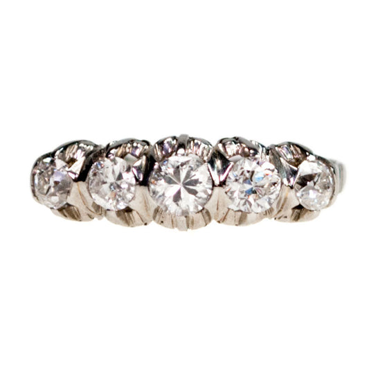Antique Old European Cut Diamond and Platinum Five Stone Ring, 0.80 Carat