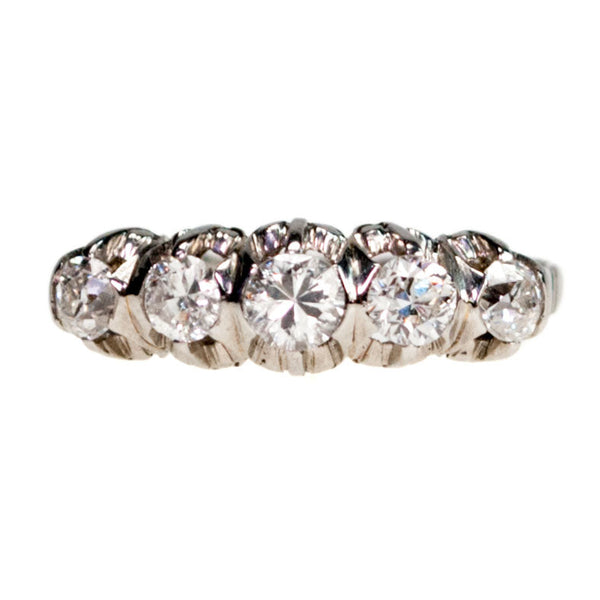 Antique Old European Cut Diamond and Platinum Five Stone Ring, 0.80 Carat