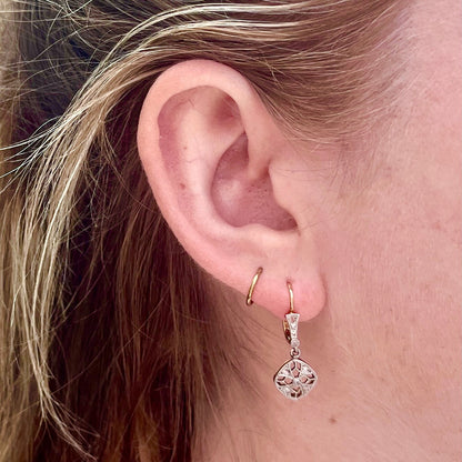 Antique Rose Cut Diamond Cluster Drop Earrings in 18ct White and Yellow Gold