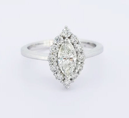 0.99ct Diamond Marquise Cluster Ring; central 0.51 carat marquise-cut diamond set with a 0.48ct brilliant-cut diamond surround, Crafted from 18ct white gold