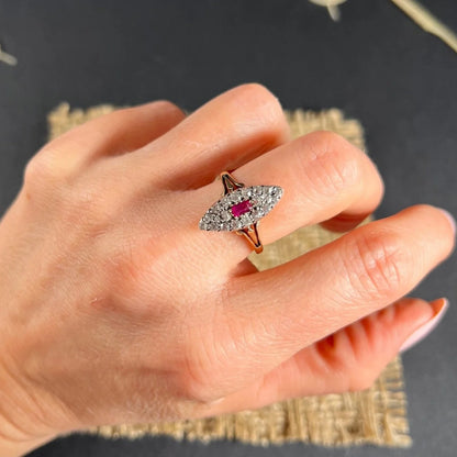 Antique Victorian 18 ct Gold Ruby And Diamond Marquise Ring