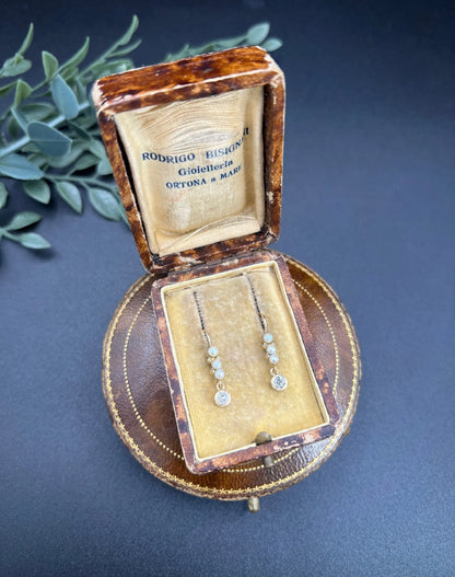 Antique 18ct Yellow Gold, 1920s Diamond & Pearl Drop Earrings, Occasion Jewellery, Bridal Jewellery