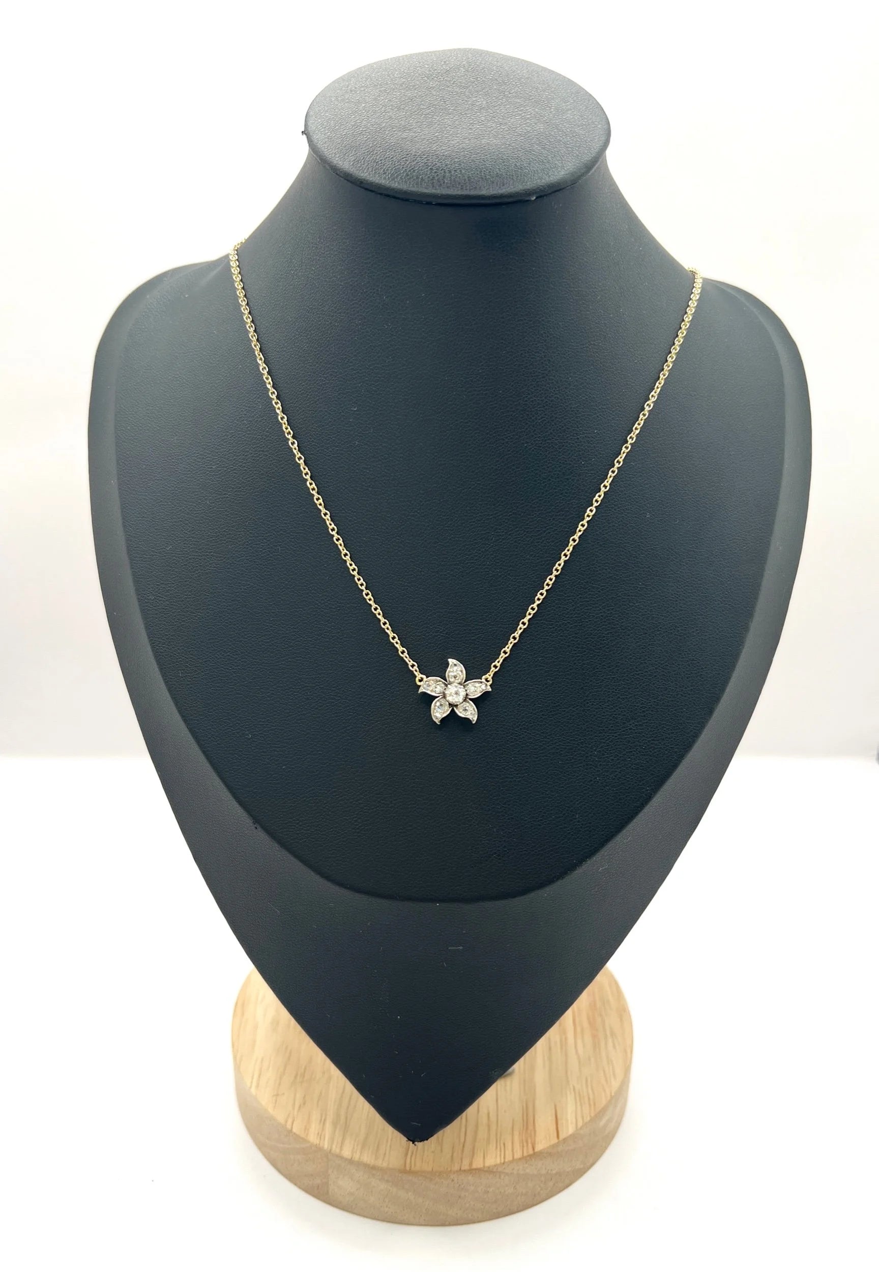 Antique 9 Carat Gold, Victorian Old Cut Diamond Flower Pendant Necklace