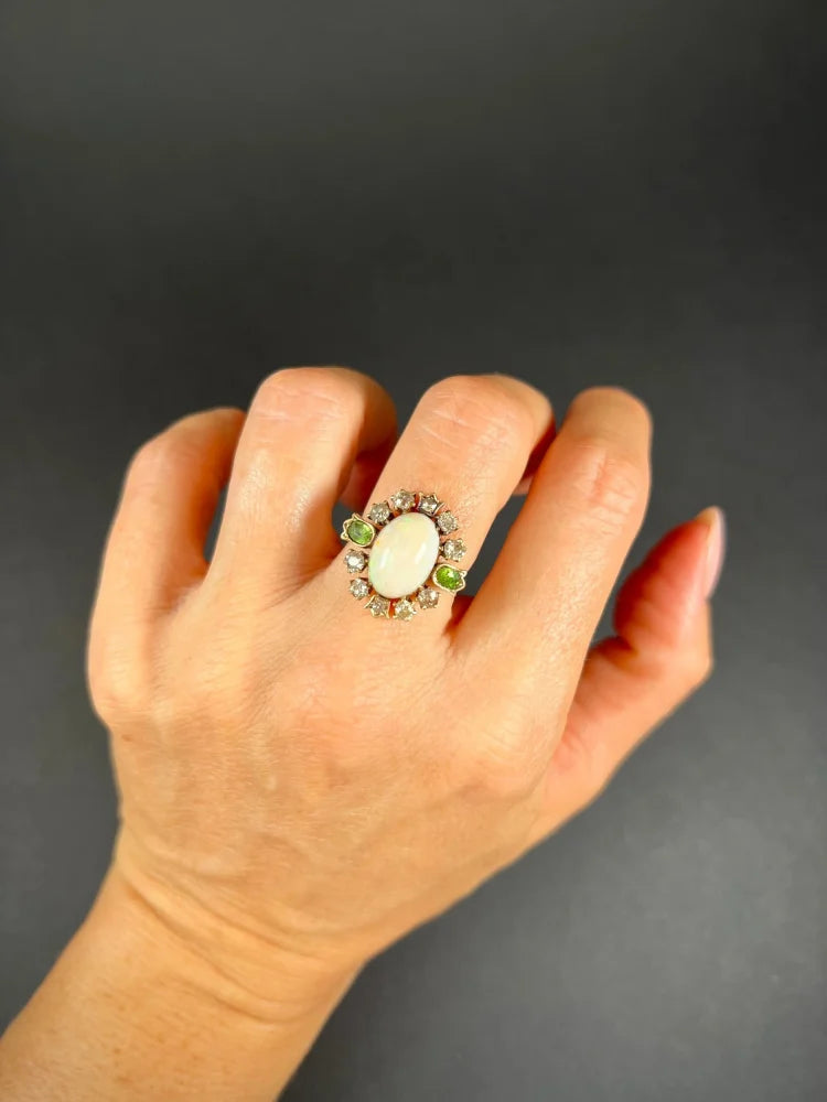 Victorian Antique Opal Diamond and Demantoid Garnet Cluster Ring