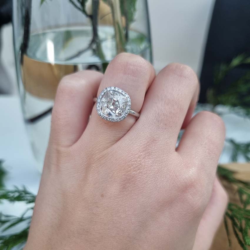 Vintage 3.15ct Cushion Old Cut Diamond Halo Cluster Engagement Ring in Platinum