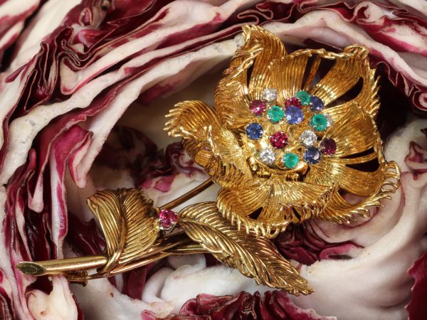 Vintage Cartier Diamond Ruby Sapphire Emerald Flower Brooch, 1950's