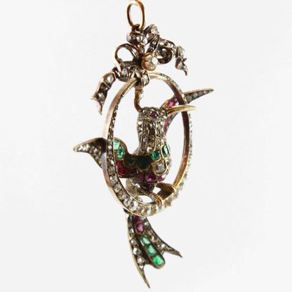 Antique Diamond Ruby and Emerald Mockingbird Pendant