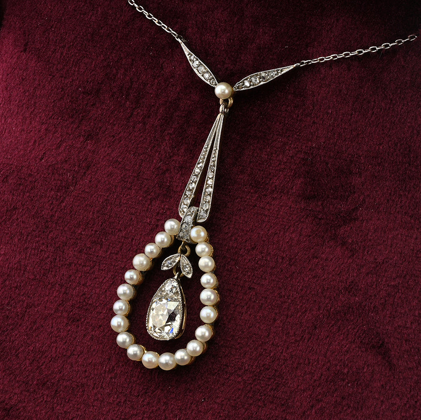 Antique Edwardian 1.20ct Pear Shaped Cushion Cut Diamond and Natural Pearl Cluster Pendant Necklace