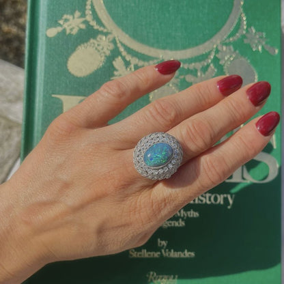 3.30ct Oval Cabochon Opal and Diamond Cluster Dress Ring in Platinum