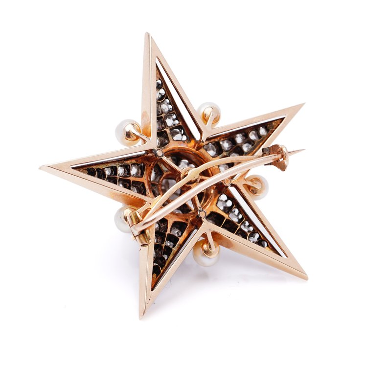 Antique Victorian Old Mine Cut Diamond and Pearl Star Brooch