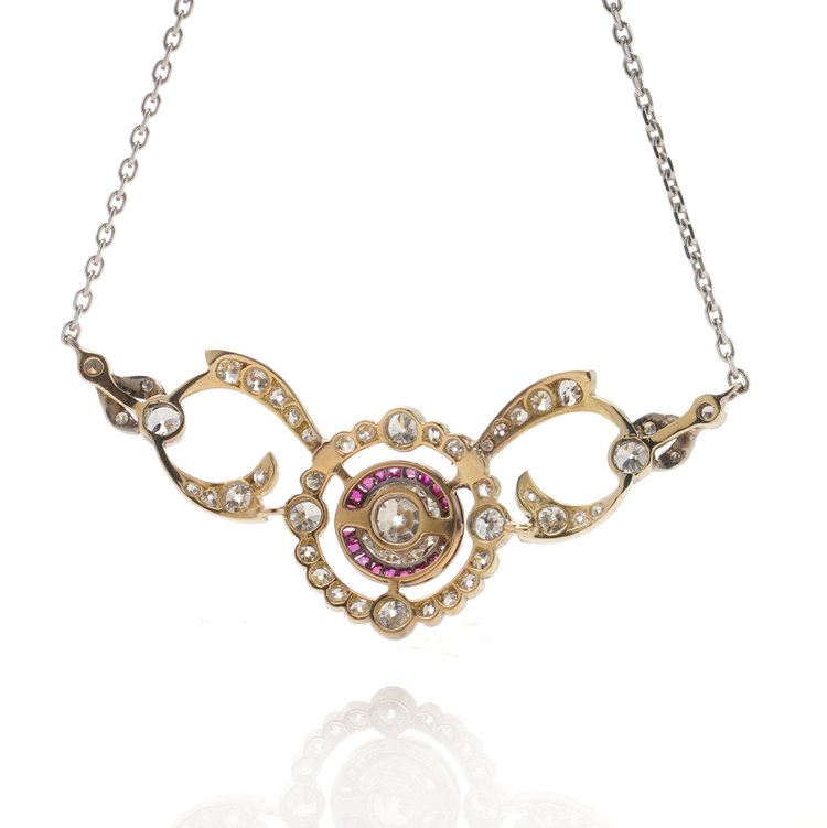 Antique Edwardian French 2.24ct Old Cut Diamond Necklace with Rubies