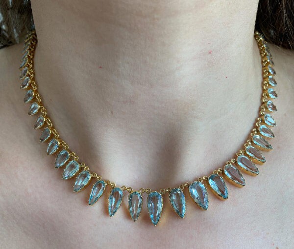 Antique Victorian Aquamarine and Gold Fringe Collar Necklace, in 15ct yellow gold