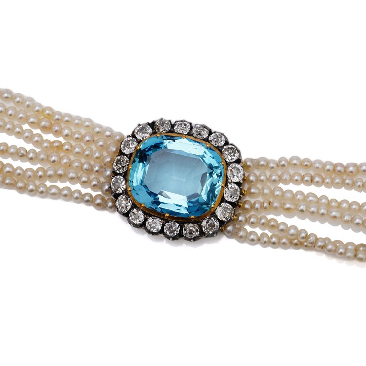 Antique Aquamarine and Diamond Cluster Pearl Bracelet