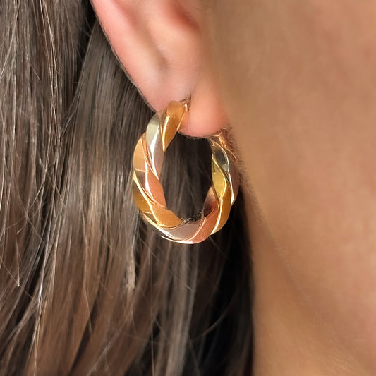 Tri-Colour Gold Twist Hoop Earrings