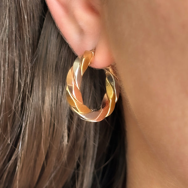 Tri-Colour Gold Twist Hoop Earrings