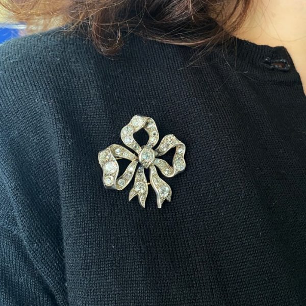 Antique Victorian Old Cut Diamond Bow Brooch, 9.00 carat total, Circa 1890