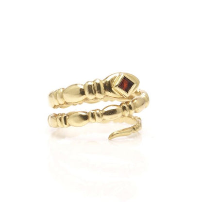 Vintage 18ct Yellow Gold Snake Ring with Garnet; in the form of a snake's body entangling around the wearer's finger, with a square cut garnet to the head, Circa 1989