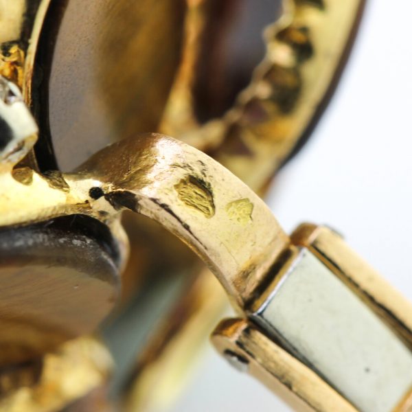 Vintage French Tigers Eye and Diamond Floral Cluster Clip On Earrings in 18ct Yellow Gold, Circa 1950s