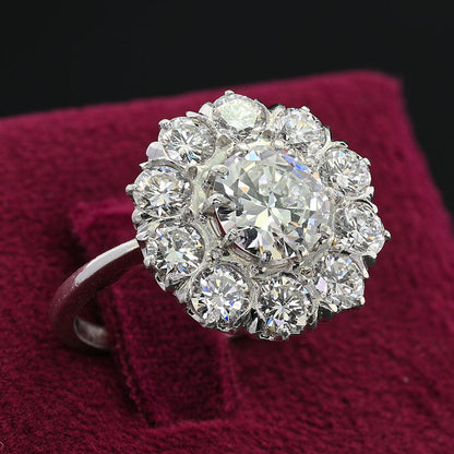 Late Art Deco Certified D VS 1.35ct Diamond Daisy Cluster Engagement Ring in Platinum, 3.19 carat total