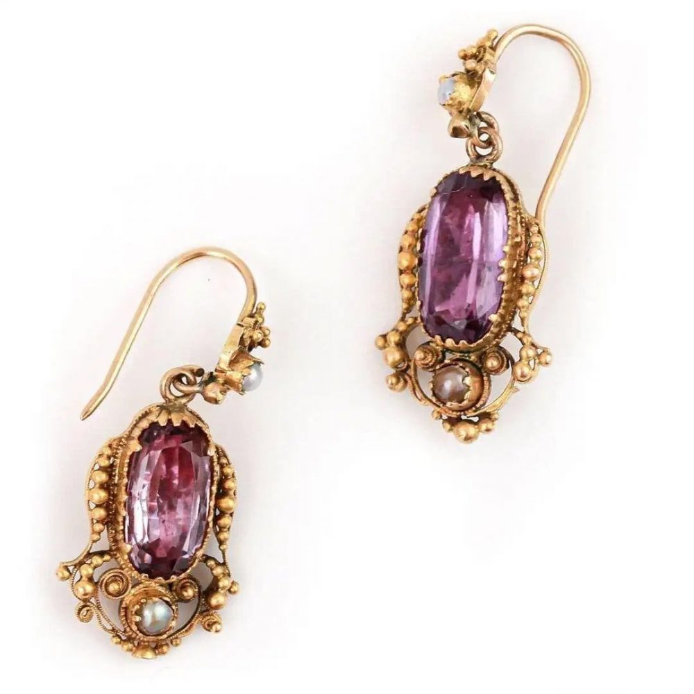 Antique Georgian Amethyst and Pearl Drop Earrings