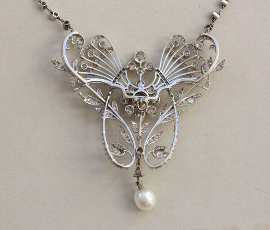 Antique Edwardian 3.7ct Old Cut Diamond, Pearl and Platinum Necklace/Brooch; with over 200 old and rose-cut diamonds totaling 3.70 carats, natural pearl drop