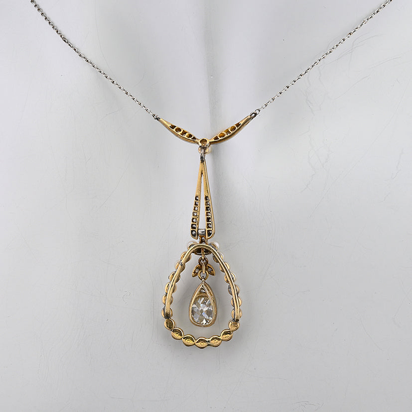 Antique Edwardian 1.20ct Pear Shaped Cushion Cut Diamond and Natural Pearl Cluster Pendant Necklace