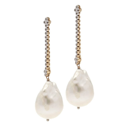 Vintage 1980s Baroque Freshwater Pearl and Diamond Drop Earrings