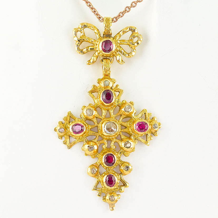 Rare Georgian Antique 1.50ct Ruby and Diamond Set 22ct Gold Cross Pendant, Late 18th century Circa 1770