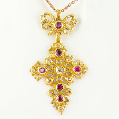 Rare Georgian Antique 1.50ct Ruby and Diamond Set 22ct Gold Cross Pendant, Late 18th century Circa 1770