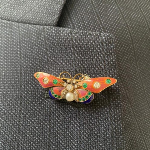 Pink and Blue Enamel Butterfly Brooch with Diamonds Emeralds Pearl