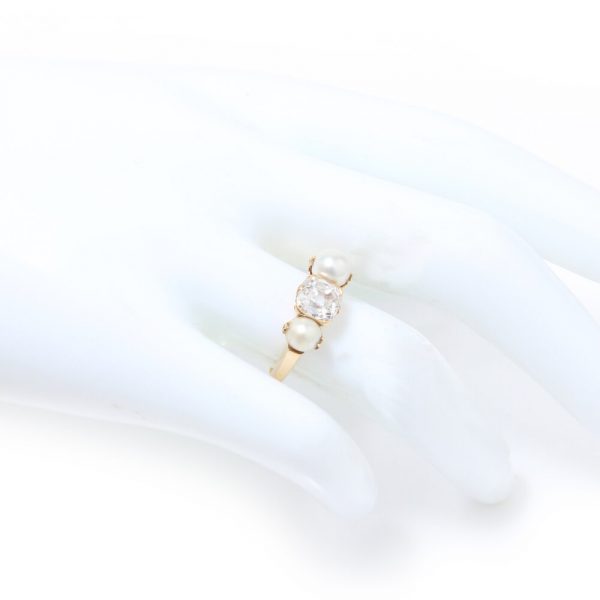 Antique Victorian Old Cushion Cut Diamond and Natural Pearl Three Stone Ring in 15ct Gold, 19th century Circa 1890s