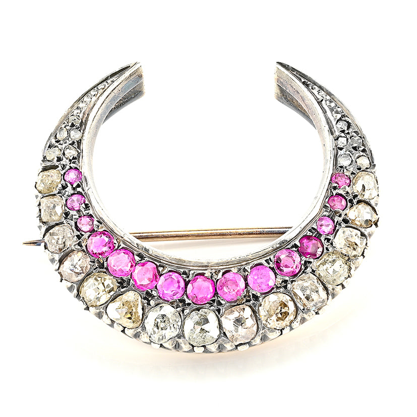 Victorian Antique 3.10ct Old Cut Diamond and Ruby Crescent Moon Brooch