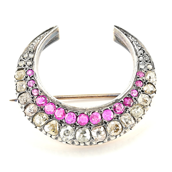 Victorian Antique 3.10ct Old Cut Diamond and Ruby Crescent Moon Brooch