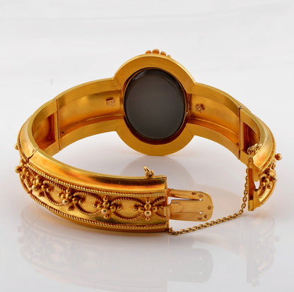 Antique Etruscan Revival Gold and Garnet Locket Bangle Bracelet