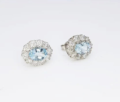 2.50ct Aquamarine and Diamond Oval Cluster Earrings in 18ct White Gold