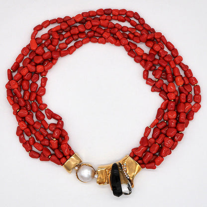 Misani Milano Natural Red Sardinia Coral Necklace, 6 intertwined strands of natural Italian Red Sardinia coral with 18ct yellow gold clasp set with diamonds, mabe pearl, black onyx and rock crystal, Circa 1980