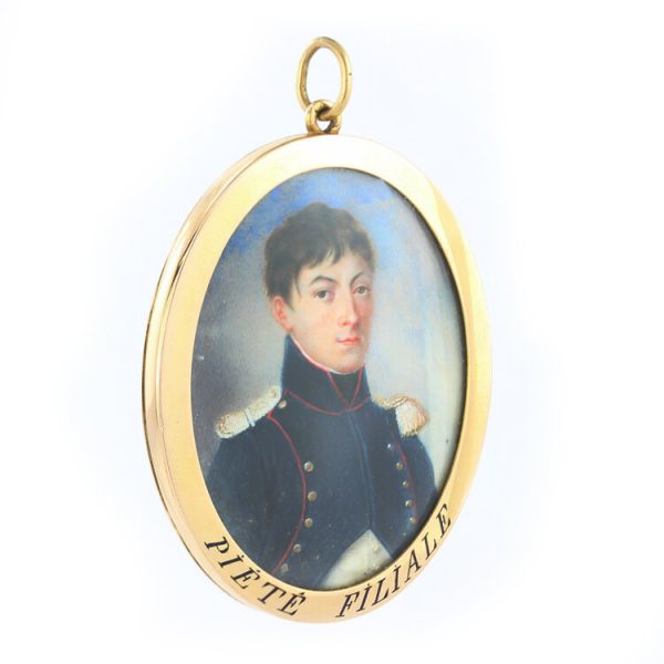 Antique French Portrait Miniature Pendant, with watercolour paintings on both sides, in 18ct yellow gold with enamel transcript, 19th century Circa 1890s