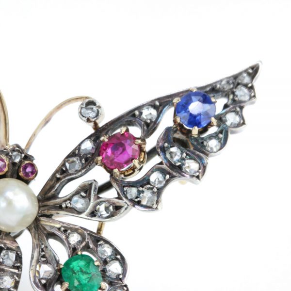 Antique Victorian Multi Gemstone Butterfly Brooch with Natural Pearl