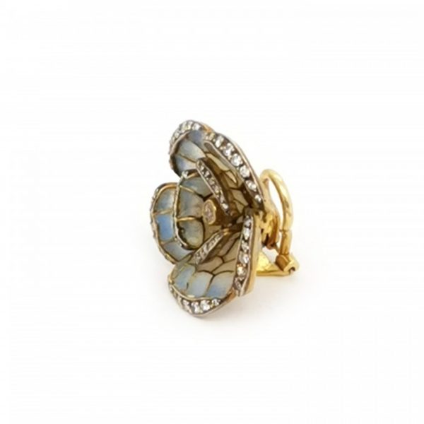 Pale Blue Plique a Jour Enamel and Diamond Flower Earrings