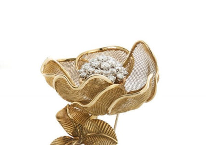Cartier 2.25ct Diamond and Gold Articulated Rose Flower Brooch
