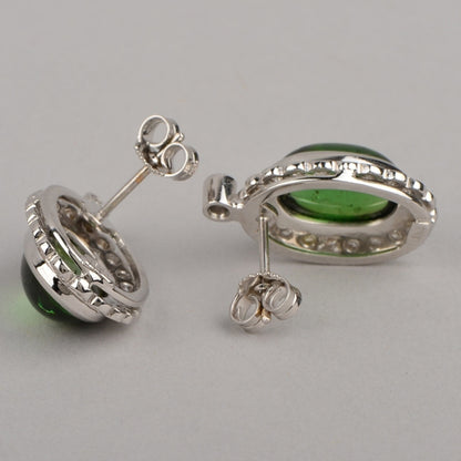 Vintage 13ct Oval Cabochon Green Tourmaline and Diamond Cluster Drop Earrings in 18ct White Gold