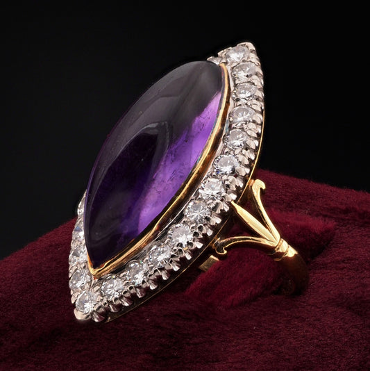 Antique 16ct Marquise Cabochon Amethyst and Diamond Cluster Navette Ring