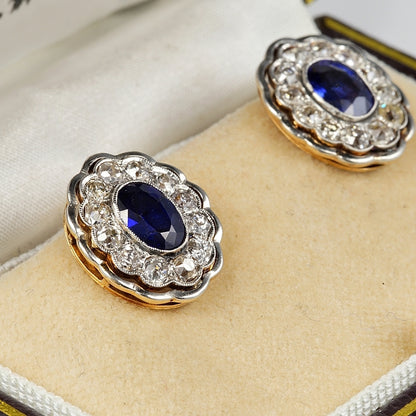 Antique Edwardian 2.6ct Natural No Heat Ceylon Sapphire and Diamond Oval Cluster Earrings