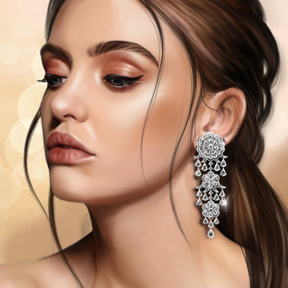 Diamond Floral Tiered Chandelier Earrings; pear shape, rose-cut diamonds surround round brilliants forming floral motifs, 9.77ct total, 18ct white gold