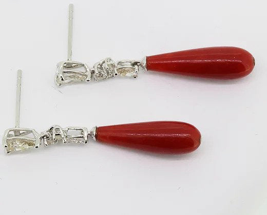 Coral and Diamond Drop Earrings, in 18ct white gold