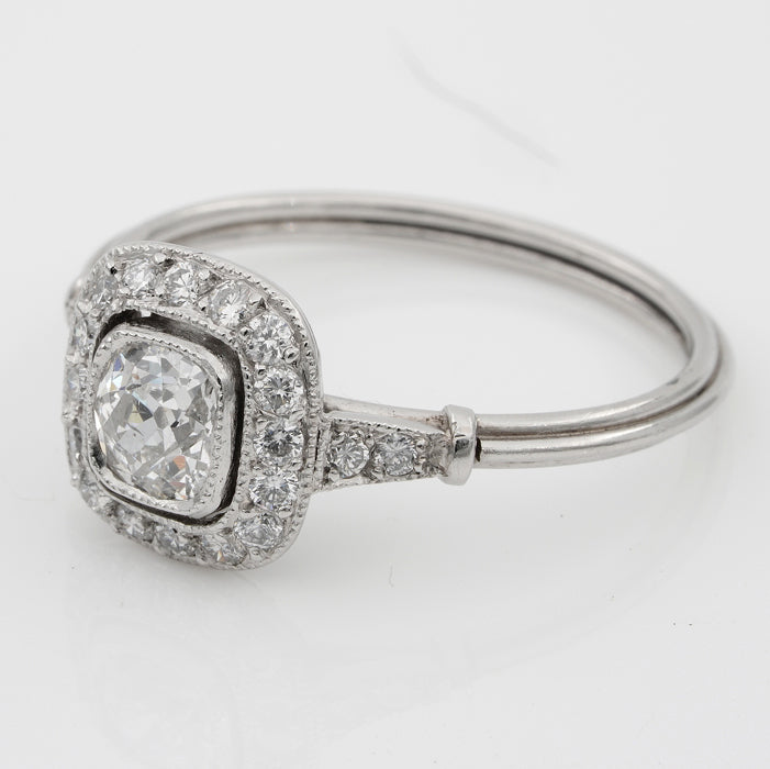 0.60ct Cushion Shaped Old Mine Cut Diamond Cluster Engagement Ring